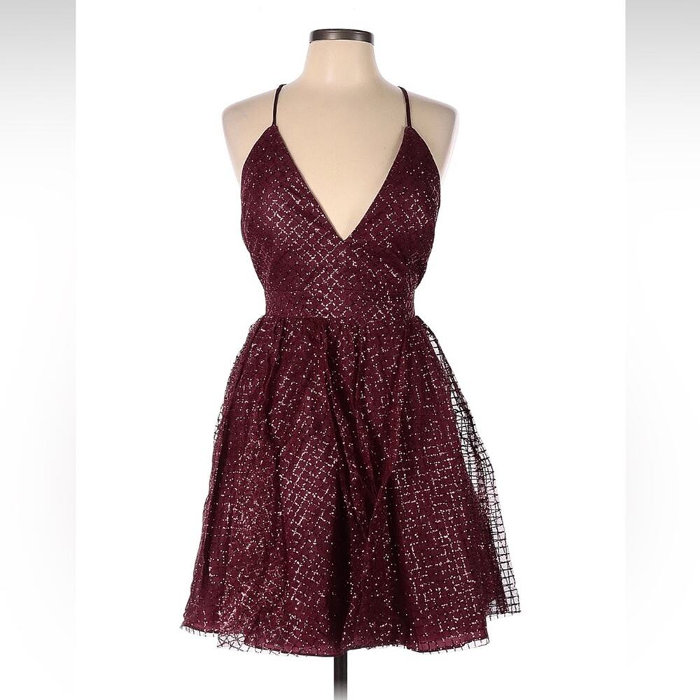 Dear Moon maroon fit and‎ flare glitter cocktail party dress, size 11